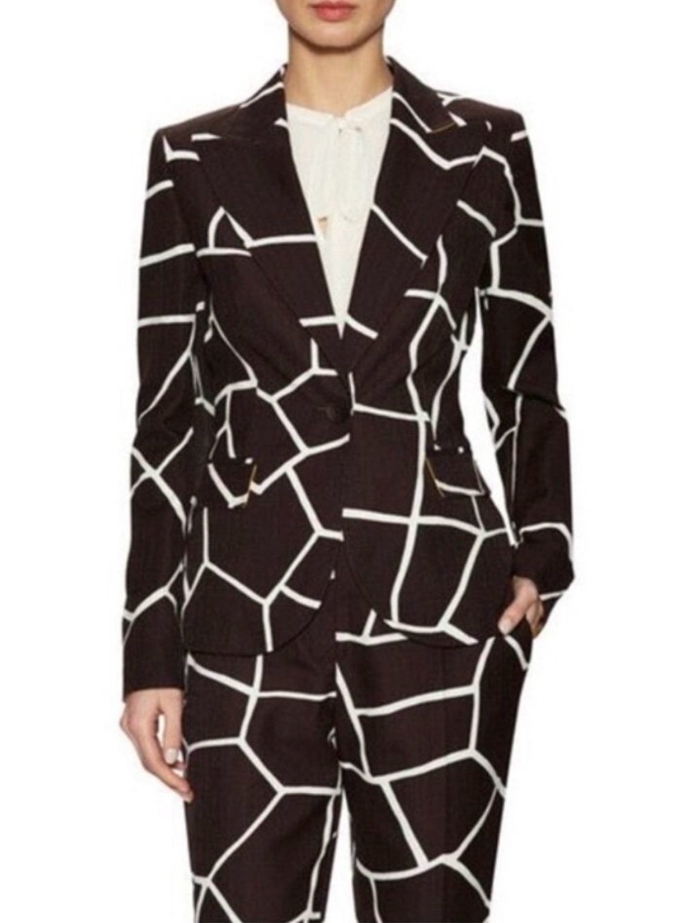 Escada Runway Mocca Geometric Print One Button Blazer Size 38